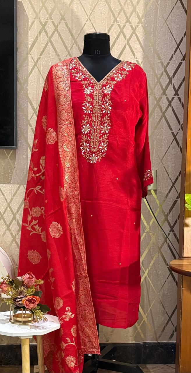 red dola silk embroidered kurti set with dupatta red dola silk embroidered kurti set with dupatta