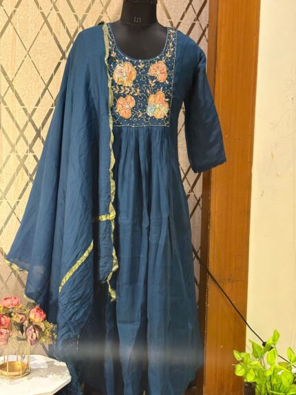 marine blue mul chanderi embroidered kurti set with dupatta