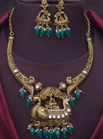 Radha Krishna Kanti Necklace Set with Green Beads