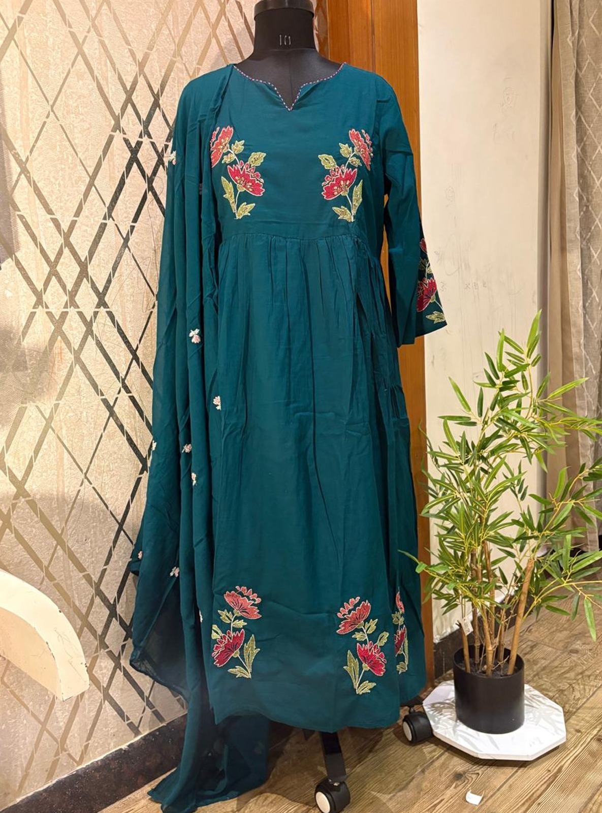 5f6fa23d-aa8d-4f95-a9c2-780e983be769 Pure Mulcotton 3-Piece Set for Women – Teal Green Embroidered Suit (M to 3XL) - Image 1