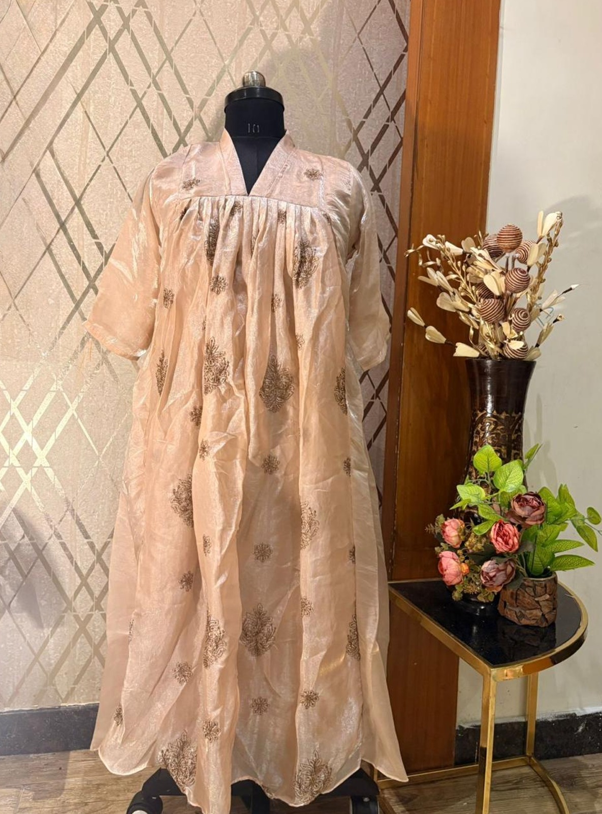 cf332f9d-1f20-4dea-8a37-ff30dceab57d Fendi Silk Flowy One-Piece Gown for Women – Peach Gold Party Wear (M to XXL) - Image 1